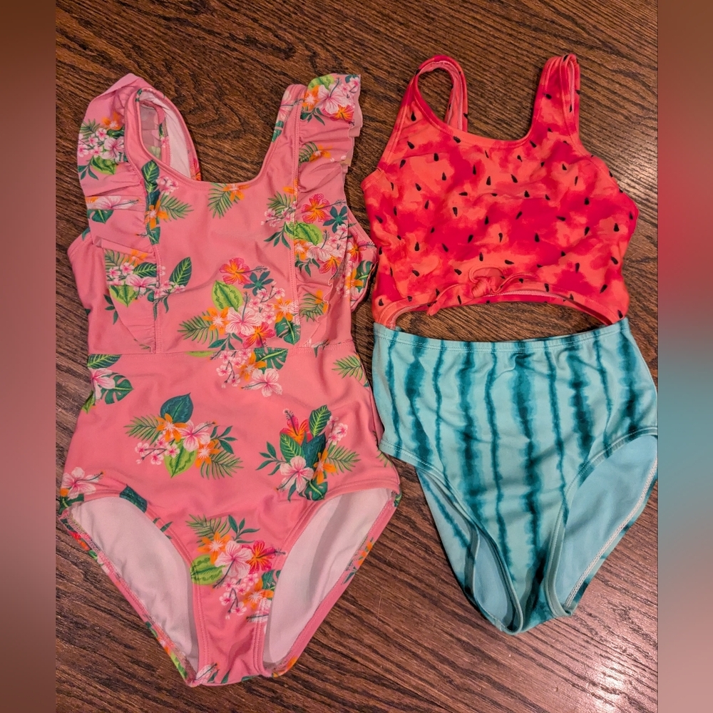 Pink Tropical Floral And Watermelon One-Piece Swimsuits